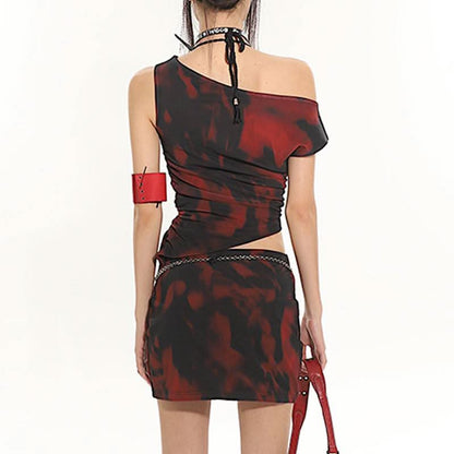 Irregular print ruched one shoulder contrast top