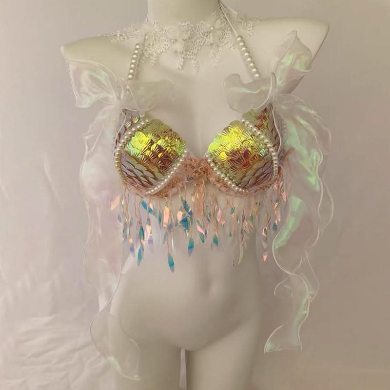 Bowknot beaded v neck tassels shell applique top