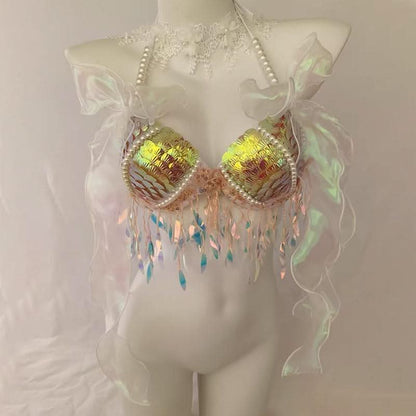 Bowknot beaded v neck tassels shell applique top