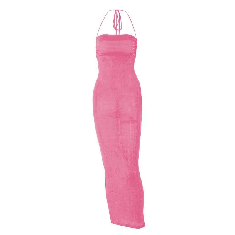 Halter Criss Cross Tie Back Cowl Back Maxi Dress