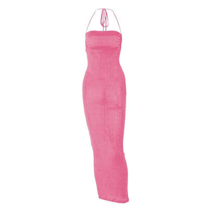Halter Criss Cross Tie Back Cowl Back Maxi Dress