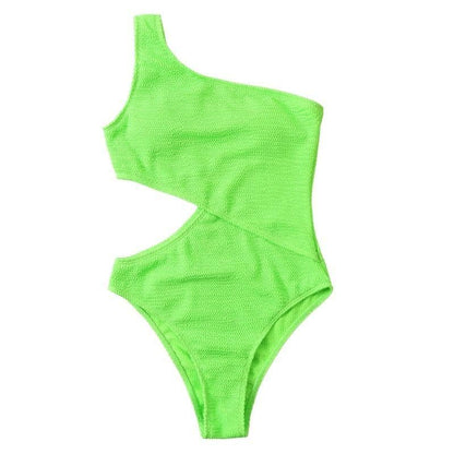 One shoulder textured solid hollow out one piece swimwear