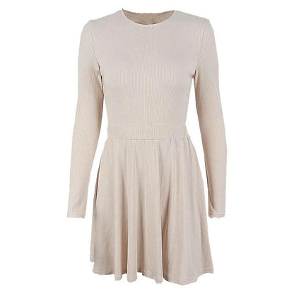 Ribbed long sleeve solid button hollow out crewneck cut out mini dress
