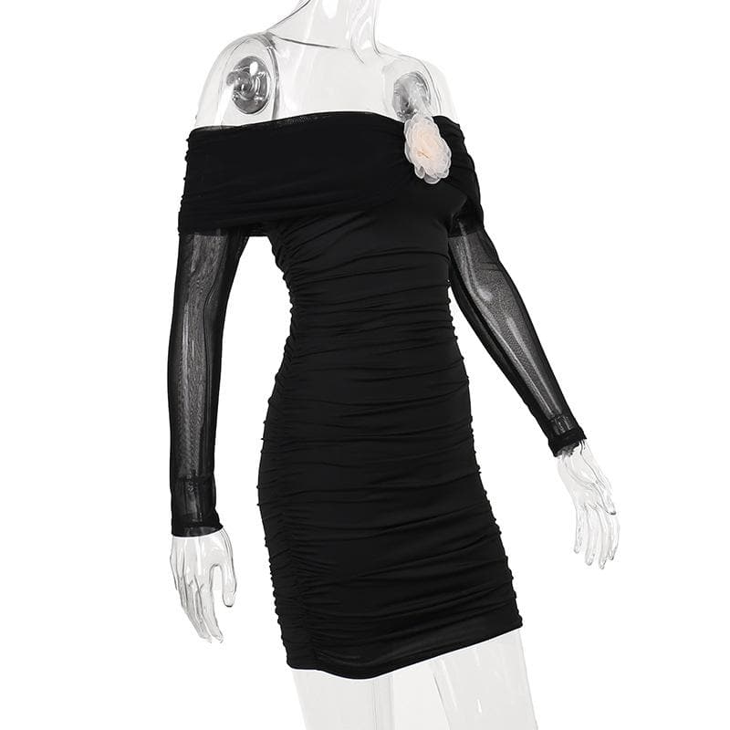 Flower applique mesh ruched off shoulder long sleeve mini dress