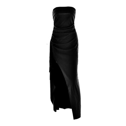 Ruched high slit irregular ruffle tube maxi dress