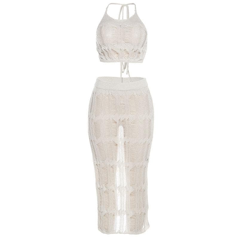 Crochet solid halter self tie see through slit midi skirt set-final-sale