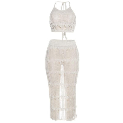 Crochet solid halter self tie see through slit midi skirt set-final-sale