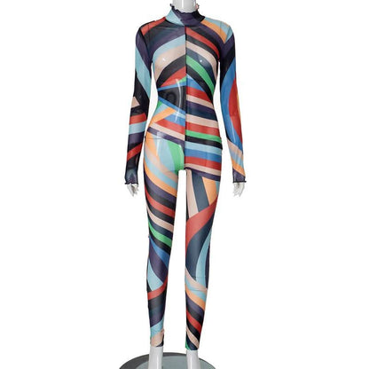 High neck long sleeve ruffle sheer mesh print jumpsuit