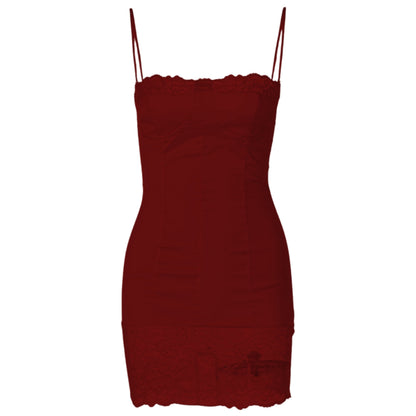 Lace patchwork stitch zip-up backless cami mini dress