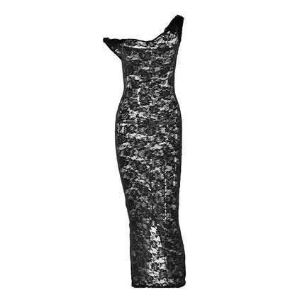 Irregular lace slit see through solid midi dress