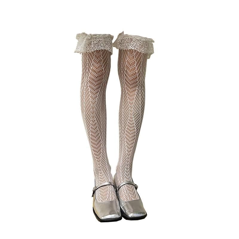 Sheer lace ruffle solid thigh high socks
