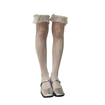 Sheer lace ruffle solid thigh high socks