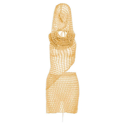 Crochet hoodie sleeveless backless hollow out irregular mini skirt set