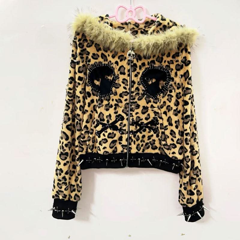 Long sleeve zip-up fluffy skull pattern mini skirt set