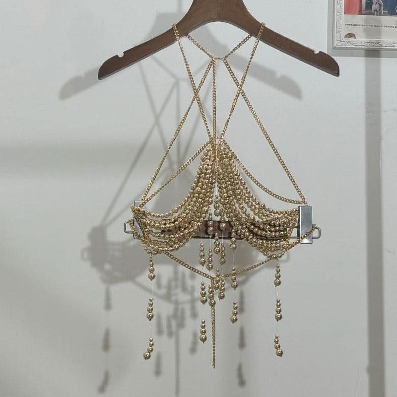 Metal chain beaded hollow out backless cut out top