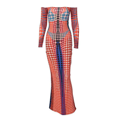 Off Shoulder Optical Illusion Dot Print Long Sleeve Bodycon Maxi Dress