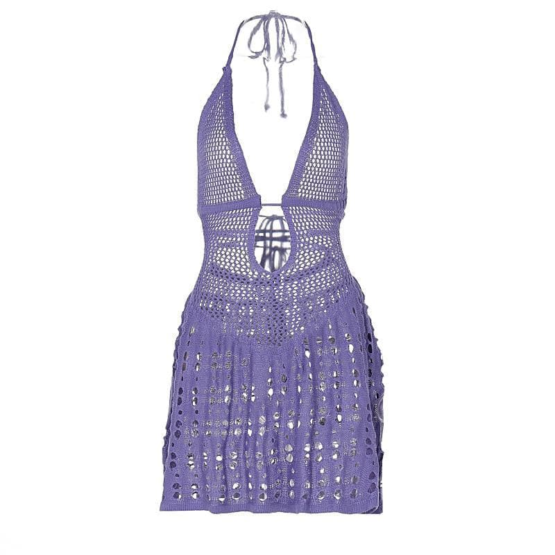 Halter knitted deep V neck see through mini dress