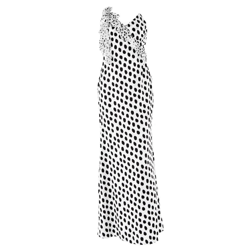 Polka dot flower applique ruffle cami maxi dress