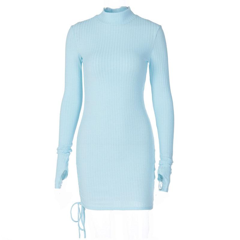 Long Sleeve High Neck Drawstring Ruched Ribbed Knit Mini Dress