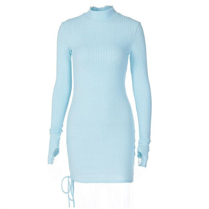 Long Sleeve High Neck Drawstring Ruched Ribbed Knit Mini Dress