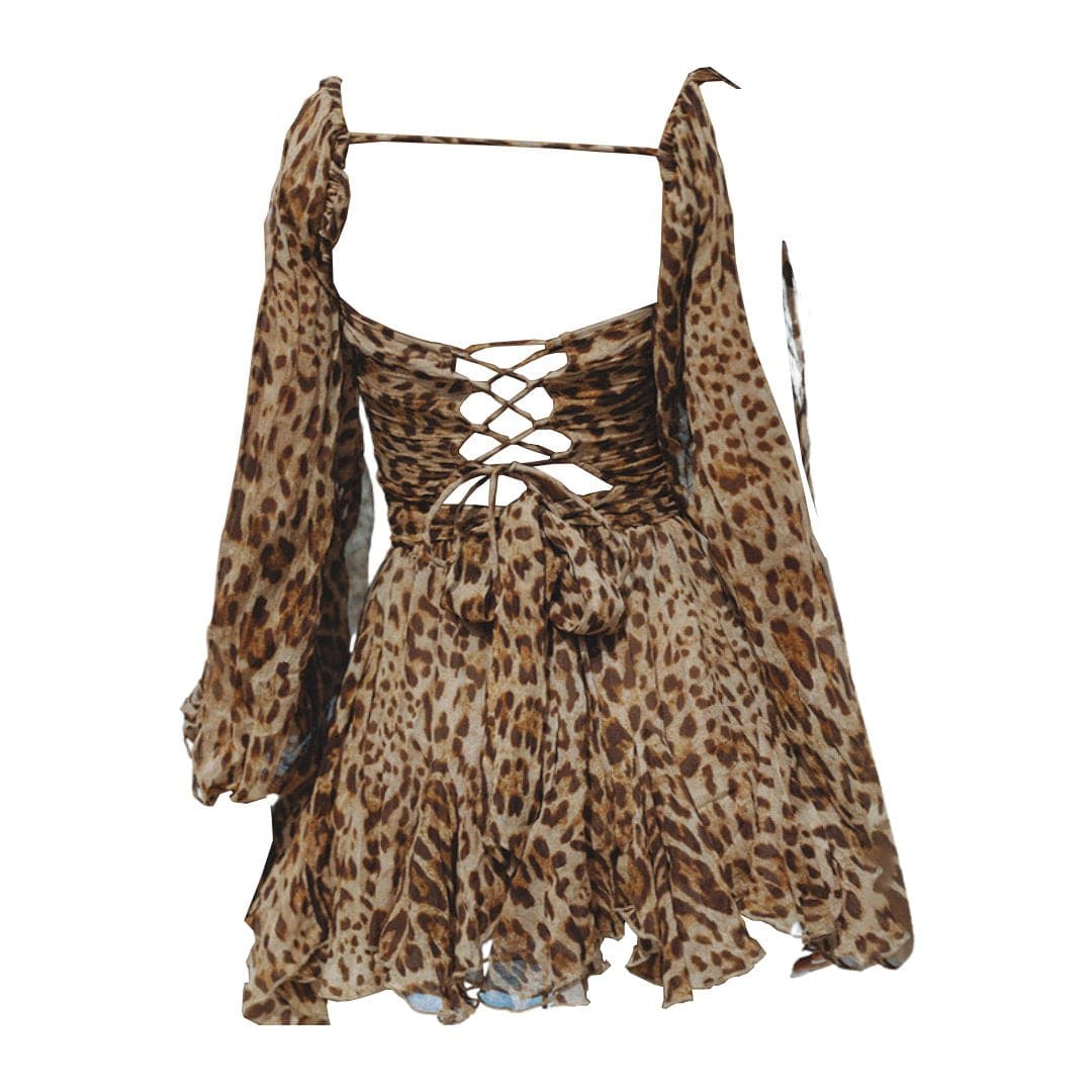 Long puff sleeve mesh print ruched mini dress