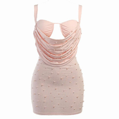 Cowl Overlay Sweetheart Cutout Rhinestone Pearl Beaded Sleeveless Mini Dress
