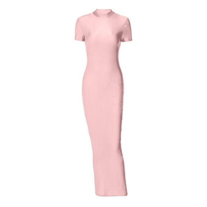 Short sleeve high neck slit solid maxi dress-final-sale