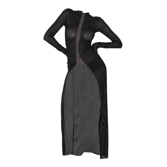 Long sleeve hollow out mesh solid cut out maxi dress