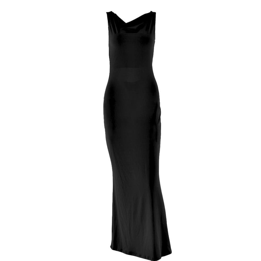 Cowl neck solid backless ruched hollow out cut out maxi dress