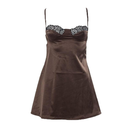 Lace hem satin ruched hollow out backless cami cut out mini dress