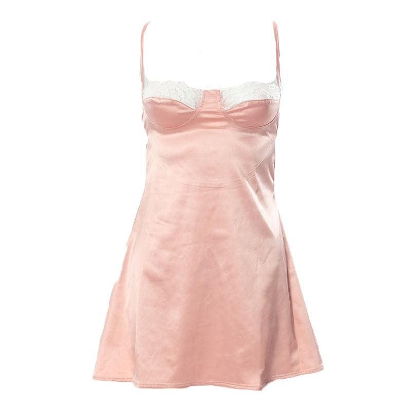 Lace hem satin ruched hollow out backless cami cut out mini dress