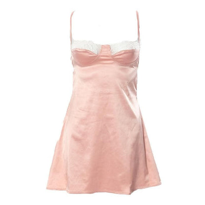 Lace hem satin ruched hollow out backless cami cut out mini dress