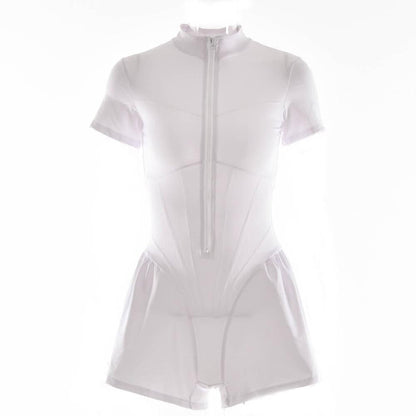 Corset short sleeve zip-up high neck contrast romper