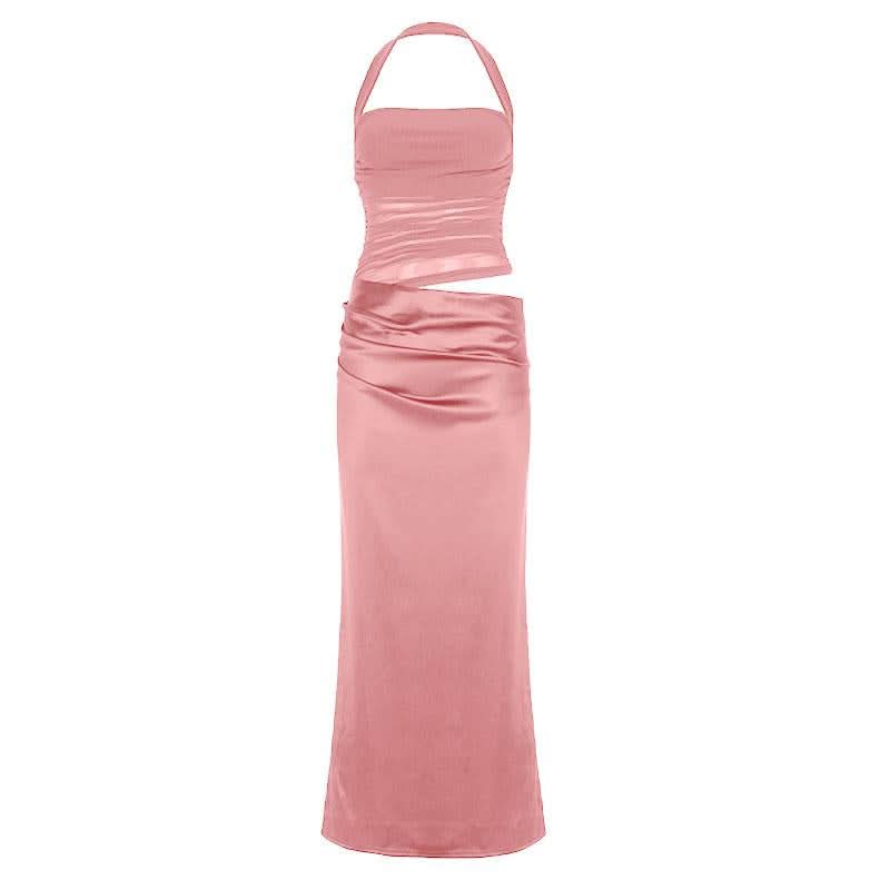 Halter square neck ruched zip-up solid maxi dress