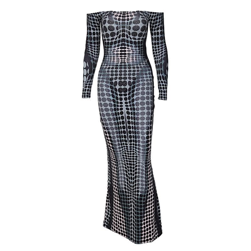 Off Shoulder Optical Illusion Dot Print Long Sleeve Bodycon Maxi Dress