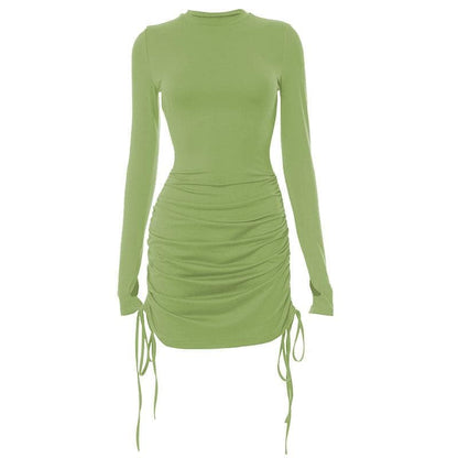 Mock Neck Thumbhole Long Sleeve Drawstring Ruched Mini Dress