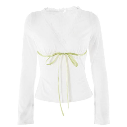 Lace hem long sleeve v neck ribbon ruched top