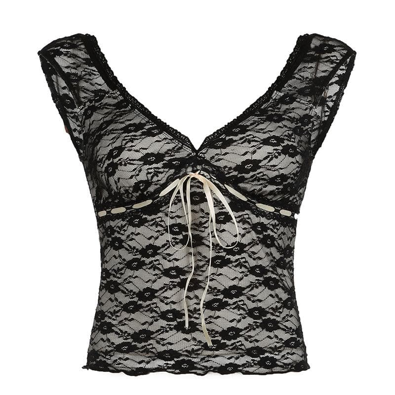Cap sleeve v neck lace knotted backless top