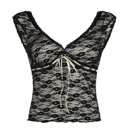 Cap sleeve v neck lace knotted backless top