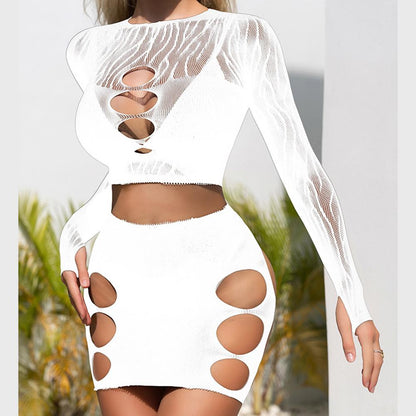 Long sleeve zebra sheer mesh mini skirt set