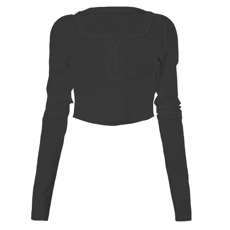 Button ribbed stitch long sleeve solid crop top