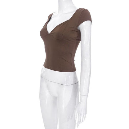 Low cut cap sleeve solid backless v neck top