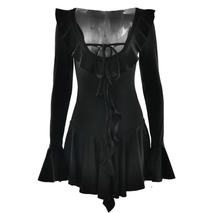 Long flared sleeve v neck self tie ruffle mini dress