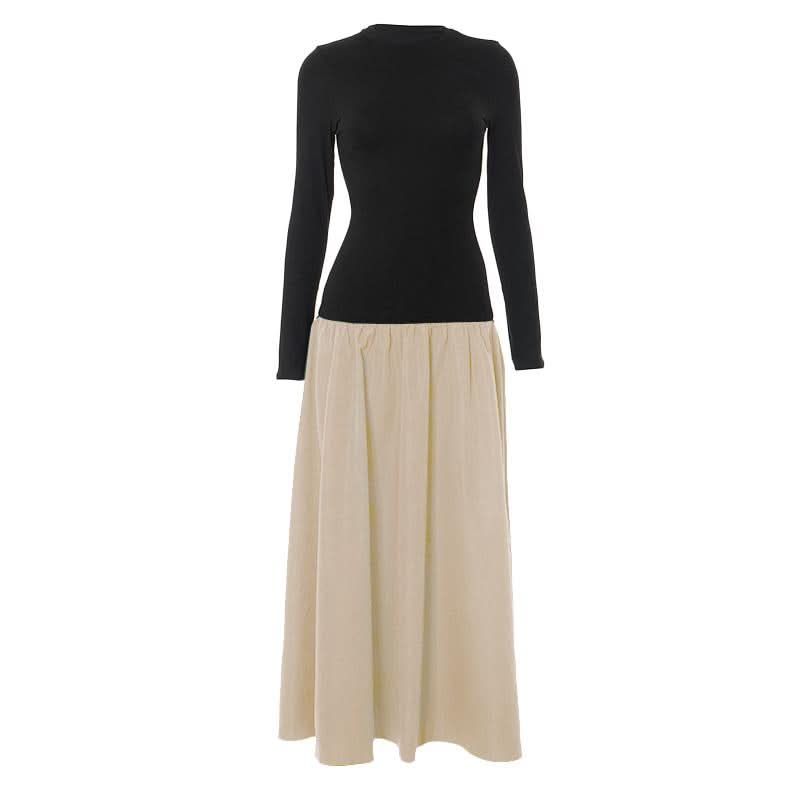 Long sleeve crewneck patchwork ruched maxi dress