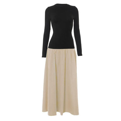 Long sleeve crewneck patchwork ruched maxi dress