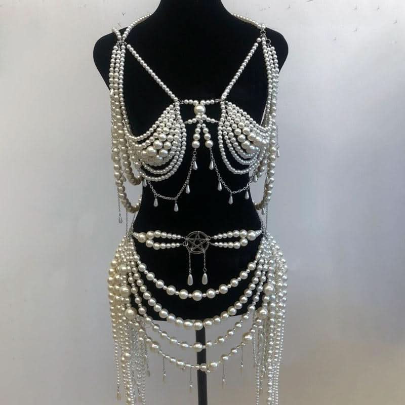 Beaded metal chain hollow out faux pearl cut out top