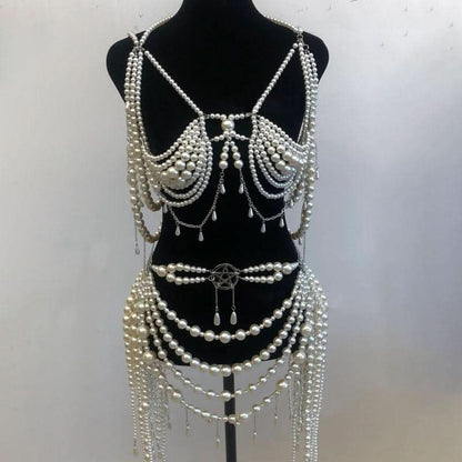 Beaded metal chain hollow out faux pearl cut out top