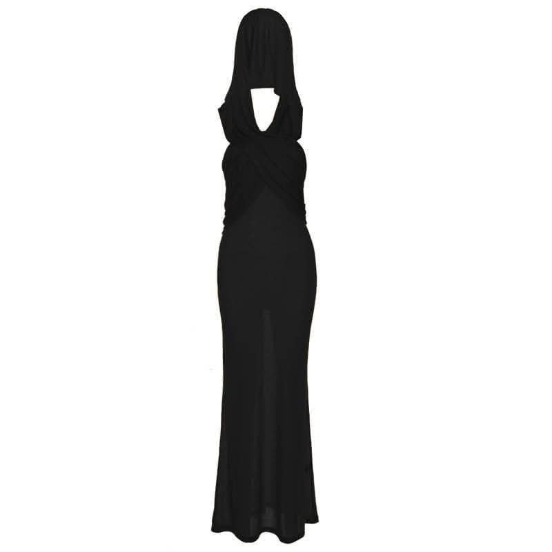 Hoodie solid cross front ruched backless sleeveless maxi dress-final-sale