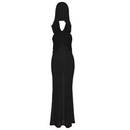 Hoodie solid cross front ruched backless sleeveless maxi dress-final-sale