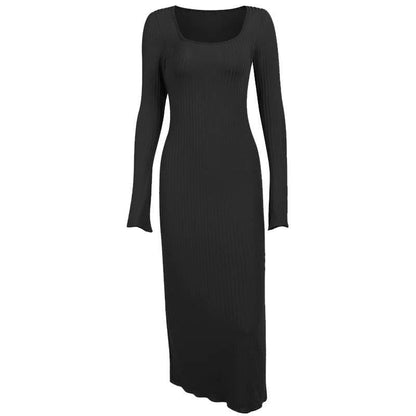 Ribbed long flared sleeve solid square neck ruffle maxi dress